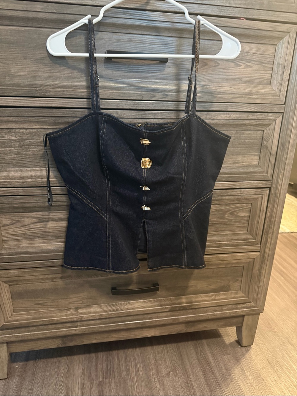 Avec Les Filles Black Denim Corset Camisole with Gold Hardware